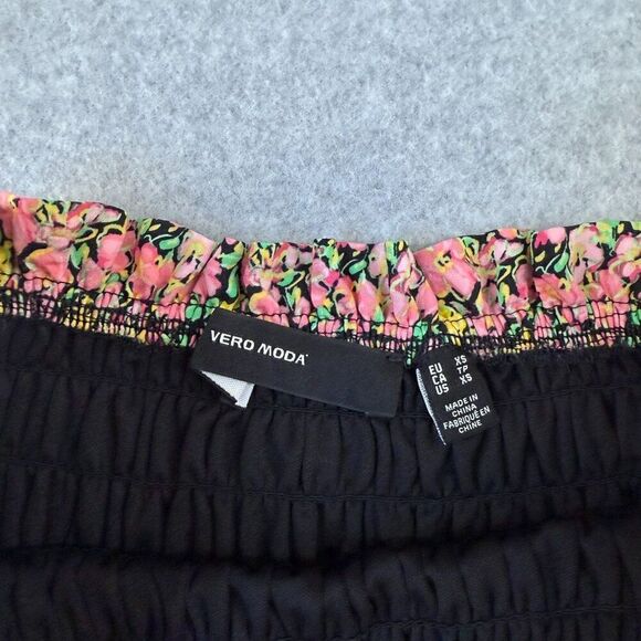 Vero Moda Size XS Floral Mini Vmelli Skirt Black Pink Yellow Tiered Elastic Prep - Picture 3 of 10